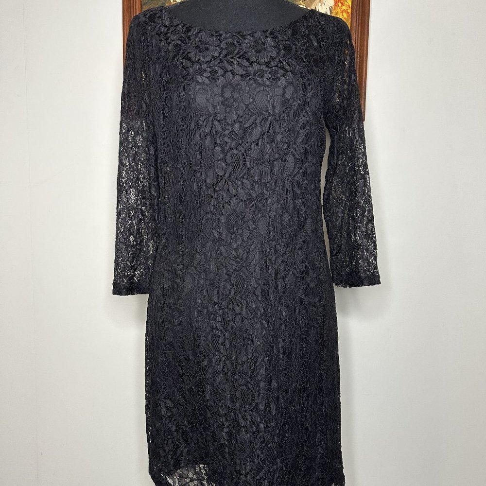 Dana Buchman Dress Women's 4 Boat Neck Lace Lined Black Back Zip Floral Party